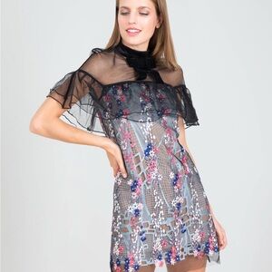 SELF PORTRAIT DRESS!!!Black Sheer Cape with Floral Embroidery